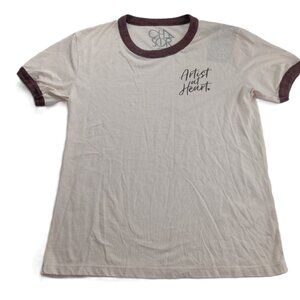 Chaser Women's Crew Neck Ringer Tee T-Shirt Size Small Tan Artist At Heart